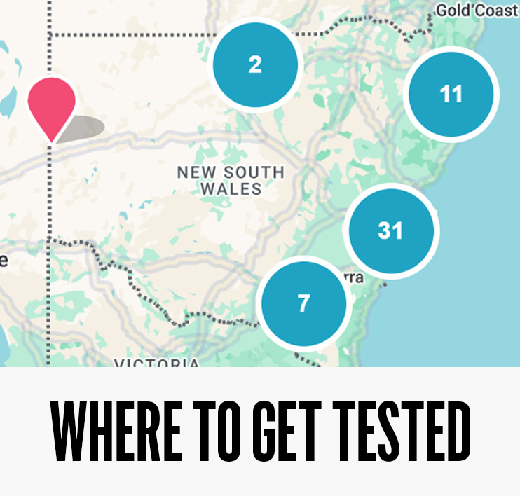 A map of NSW displays testing sites scattered across the state, big block letters at the bottom of the image say 'where to get tested'.